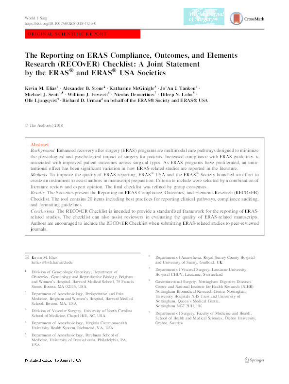 The reporting on ERAS Compliance, Outcomes, and Elements Research (RECOvER) checklist: a joint statement by the ERAS® and ERAS® USA societies Thumbnail