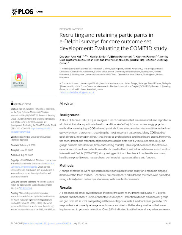 Recruiting and retaining participants in e-Delphi surveys for core outcome set development: evaluating the COMiT’ID study Thumbnail