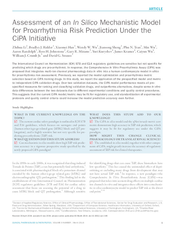 Assessment of an in silico mechanistic model for proarrhythmia risk prediction under the CiPA initiative Thumbnail