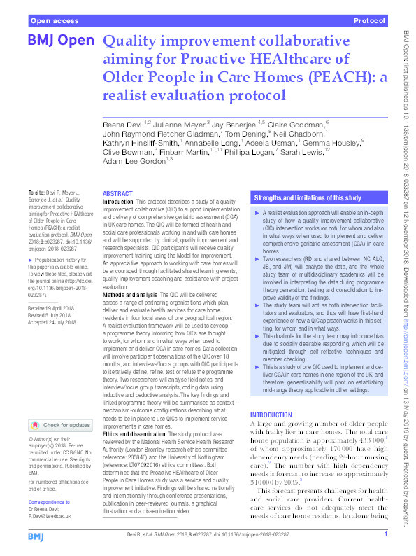 Quality improvement collaborative aiming for Proactive HEAlthcare of Older People in Care Homes (PEACH): a realist evaluation protocol Thumbnail