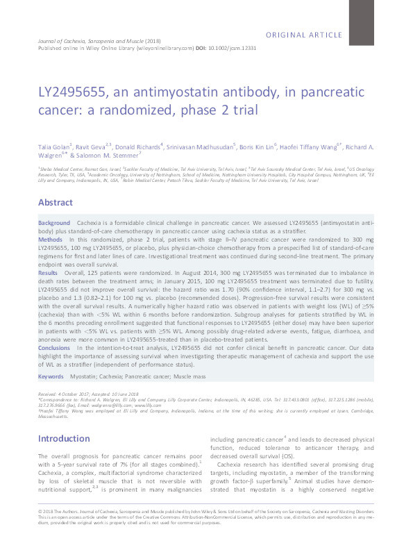 LY2495655, an antimyostatin antibody in pancreatic cancer: a randomized phase 2 trial Thumbnail