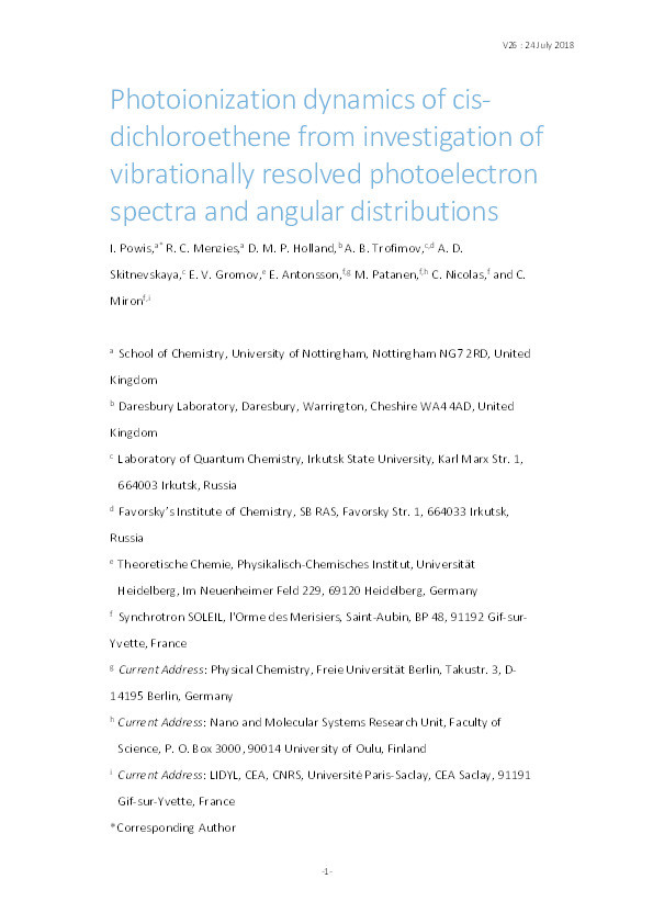 Photoionization dynamics of cis-dichloroethene from investigation of vibrationally resolved photoelectron spectra and angular distributions Thumbnail