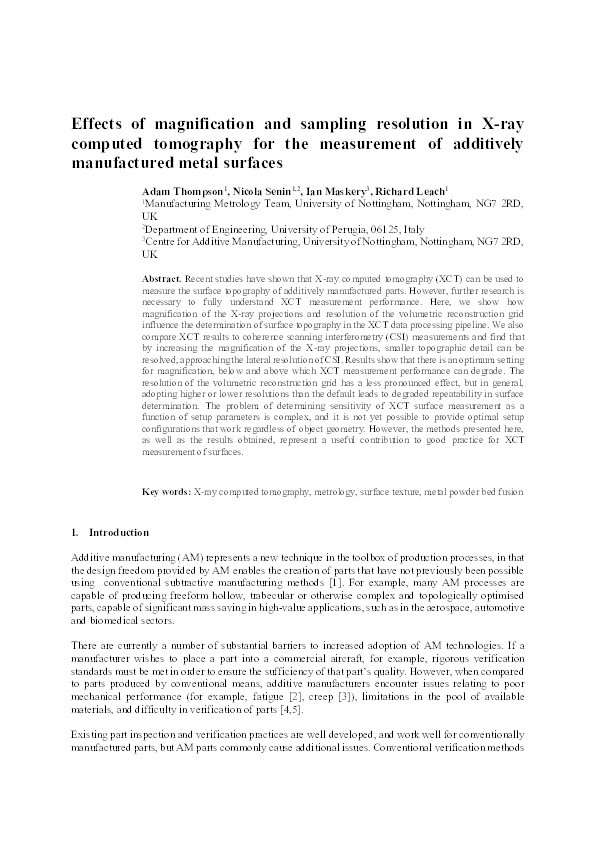 Effects of magnification and sampling resolution in X-ray computed tomography for the measurement of additively manufactured metal surfaces Thumbnail