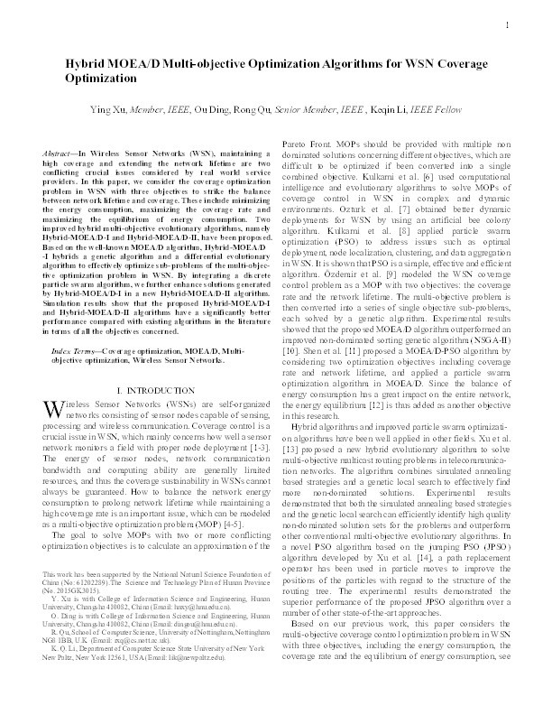 Hybrid multi-objective evolutionary algorithms based on decomposition for wireless sensor network coverage optimization Thumbnail