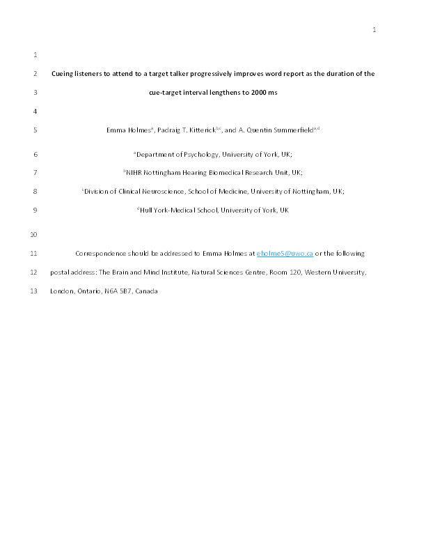 Cueing listeners to attend to a target talker progressively improves word report as the duration of the cue-target interval lengthens to 2000 ms Thumbnail