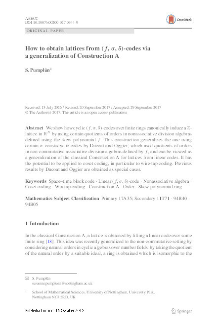 How to obtain lattices from (f,σ,δ)-codes via a generalization of Construction A Thumbnail