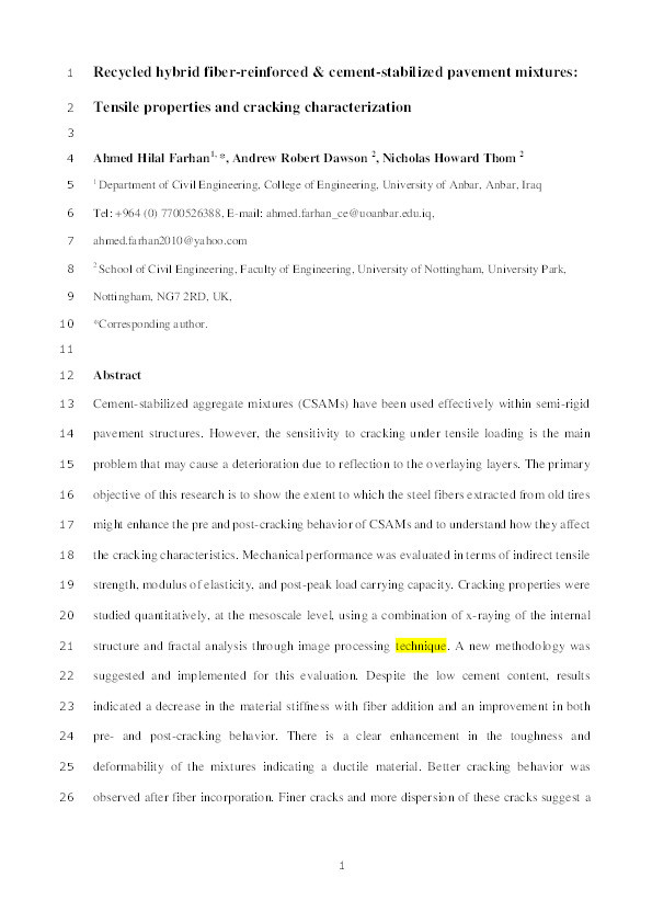 Recycled hybrid fiber-reinforced & cement-stabilized pavement mixtures: tensile properties and cracking characterization Thumbnail