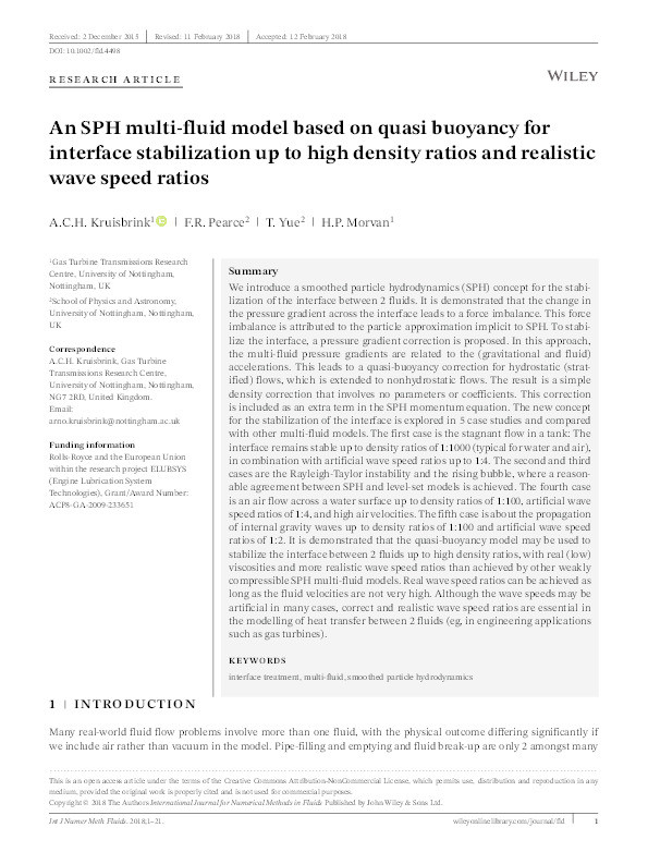 An SPH multi-fluid model based on quasi-buoyancy for interface stabilization up to high density ratios and realistic wave speed ratios Thumbnail