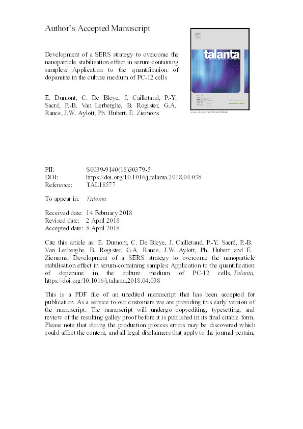 Development of a SERS strategy to overcome the nanoparticle stabilisation effect in serum-containing samples: Application to the quantification of dopamine in the culture medium of PC-12 cells Thumbnail