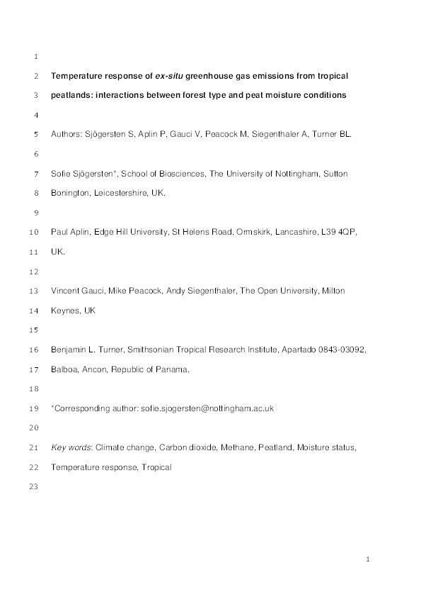 Temperature response of ex-situ greenhouse gas emissions from tropical peatlands: interactions between forest type and peat moisture conditions Thumbnail