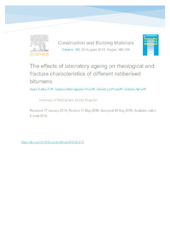 The effects of laboratory ageing on rheological and fracture characteristics of different rubberised bitumens Thumbnail