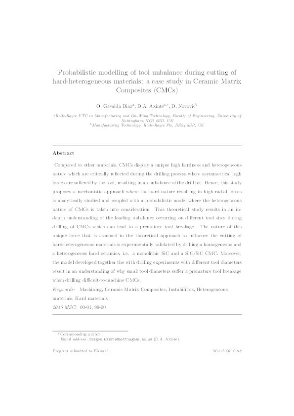 Probabilistic modelling of tool unbalance during cutting of hard-heterogeneous materials: a case study in Ceramic Matrix Composites (CMCs) Thumbnail