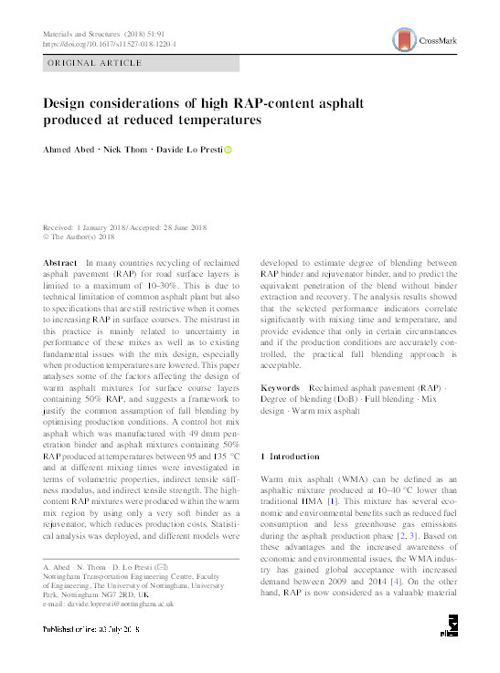 Design considerations of high RAP-content asphalt produced at reduced temperatures Thumbnail