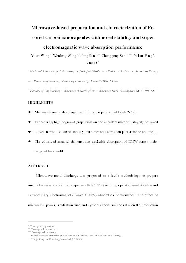 Microwave-based preparation and characterization of Fe-cored carbon nanocapsules with novel stability and super electromagnetic wave absorption performance Thumbnail
