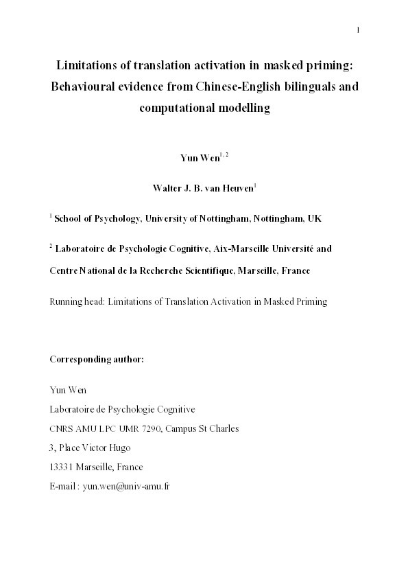 Limitations of translation activation in masked priming: Behavioural evidence from Chinese-English bilinguals and computational modelling Thumbnail