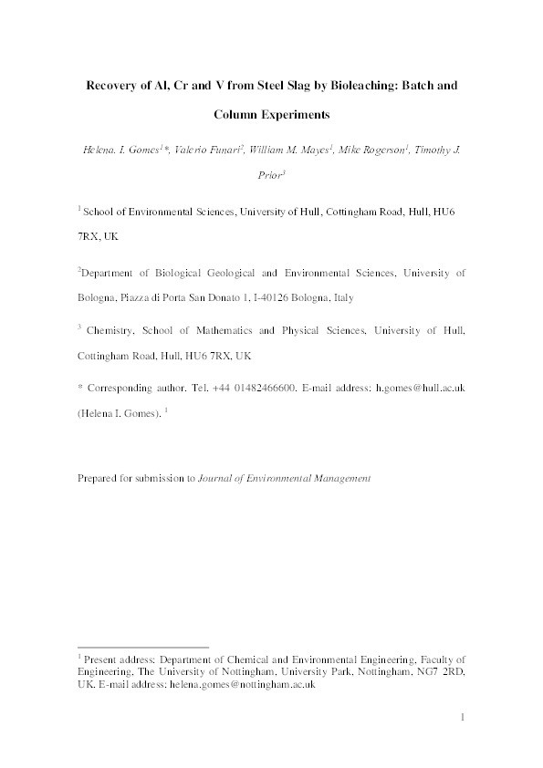 Recovery of Al, Cr and V from steel slag by bioleaching: batch and column experiments Thumbnail