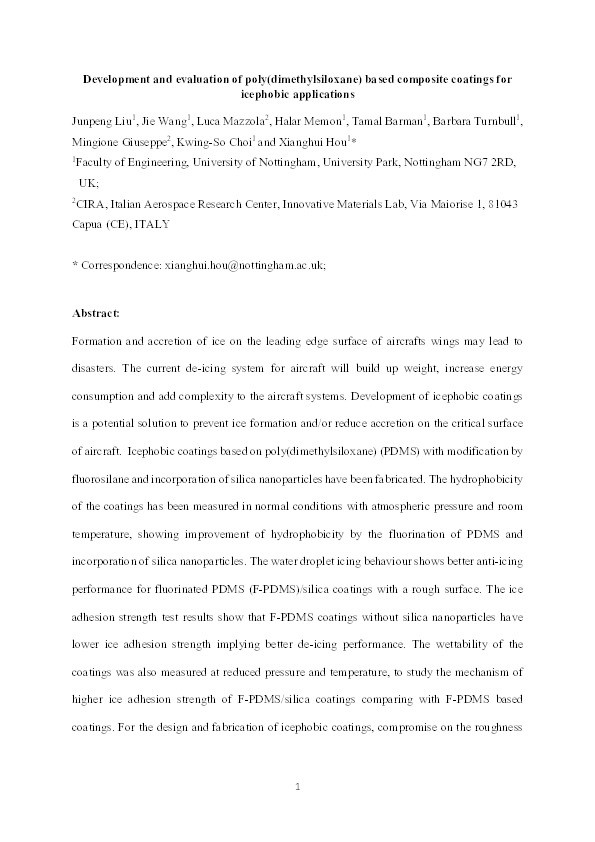 Development and evaluation of poly(dimethylsiloxane) based composite coatings for icephobic applications Thumbnail