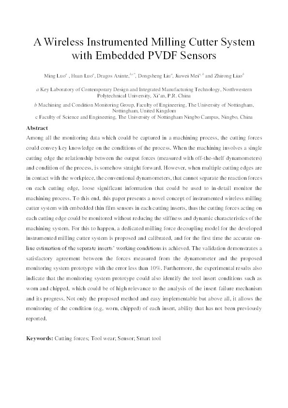 A wireless instrumented milling cutter system with embedded PVDF sensors Thumbnail