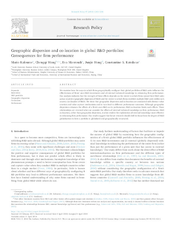 Geographic dispersion and co-location in global R&D portfolios: consequences for firm performance Thumbnail