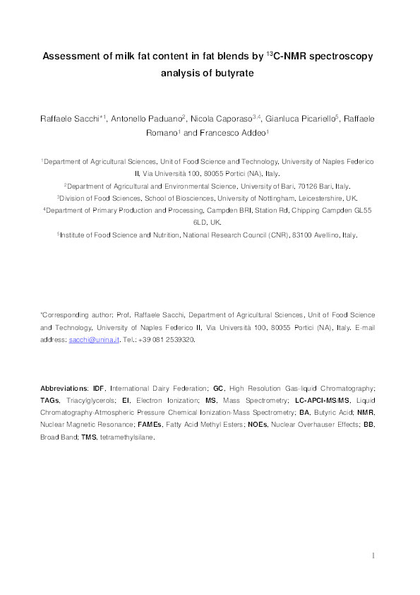 Assessment of milk fat content in fat blends by 13 C NMR spectroscopy analysis of butyrate Thumbnail