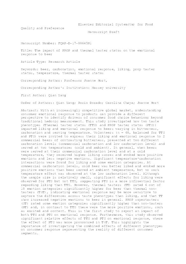 The impact of PROP and thermal taster status on the emotional response to beer Thumbnail