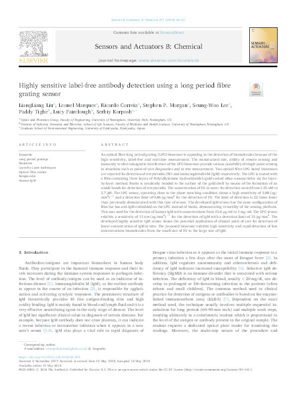 Highly sensitive label-free antibody detection using a long period fibre grating sensor Thumbnail