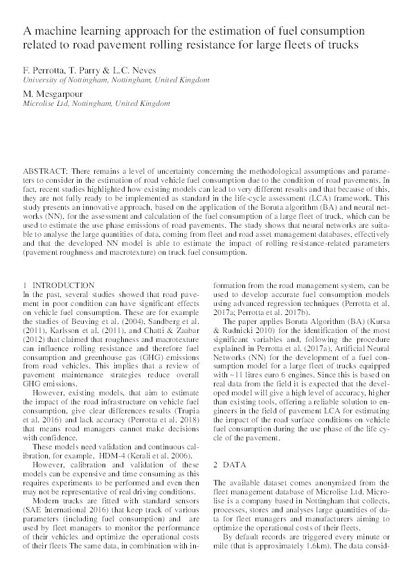 A machine learning approach for the estimation of fuel consumption related to road pavement rolling resistance for large fleets of trucks Thumbnail