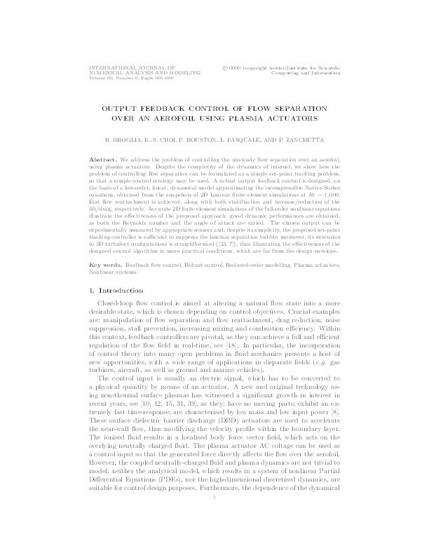 Output feedback control of flow separation over an aerofoil using plasma actuators Thumbnail