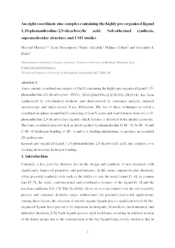 An eight-coordinate zinc complex containing the highly pre-organized ligand 1,10-phenanthroline-2,9-dicarboxylic acid: solvothermal synthesis, supramolecular structure and CSD studies Thumbnail