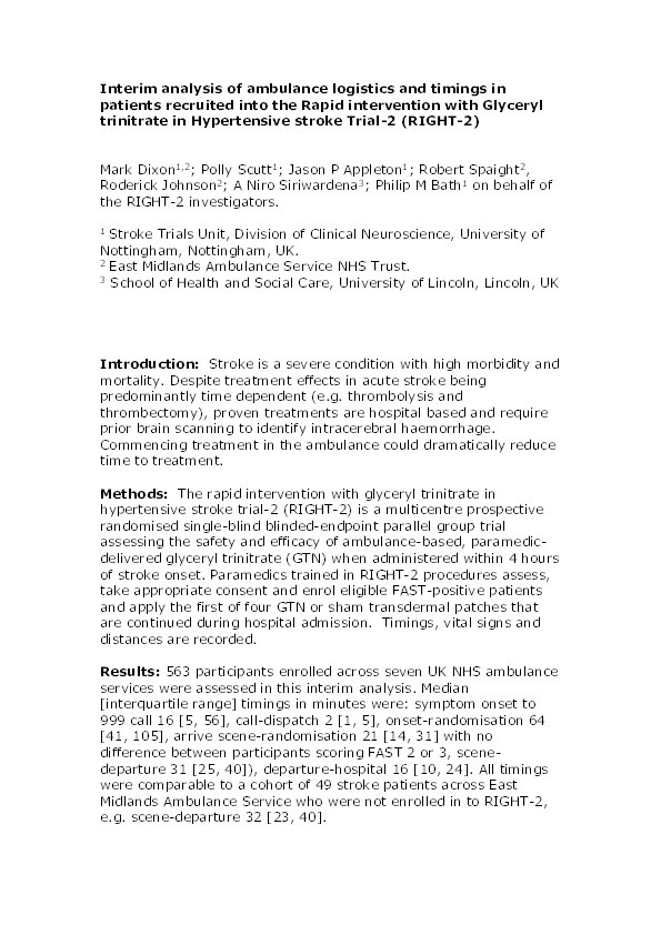 Interim analysis of ambulance logistics and timings in patients recruited into the Rapid intervention with Glyceryl trinitrate in Hypertensive stroke Trial-2 (RIGHT-2) Thumbnail