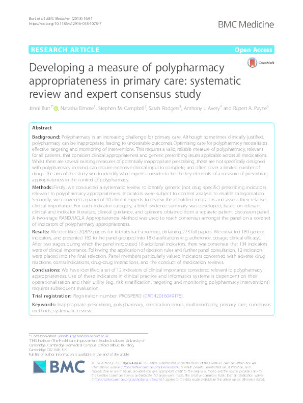 Developing a measure of polypharmacy appropriateness in primary care: systematic review and expert consensus study Thumbnail