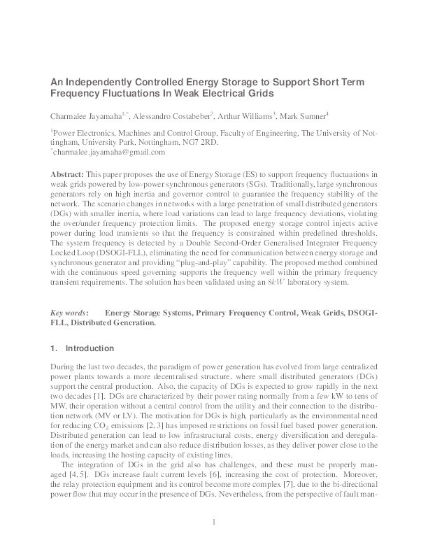 An independently controlled energy storage to support short term frequency fluctuations in weak electrical grids Thumbnail
