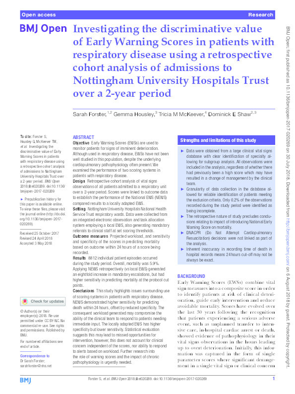 Investigating the discriminative value of Early Warning Scores in patients with respiratory disease using a retrospective cohort analysis of admissions to Nottingham University Hospitals Trust over a 2-year period Thumbnail