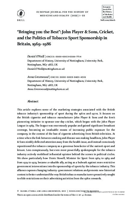 “Bringing you the Best”: John Player & Sons, Cricket, and the Politics of Tobacco Sport Sponsorship in Britain, 1969–1986 Thumbnail