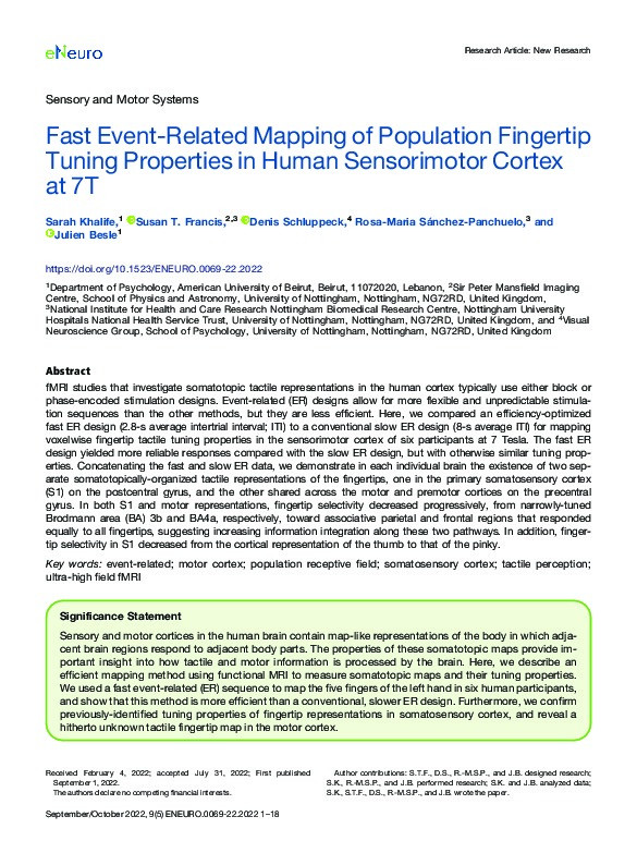 Fast Event-Related Mapping of Population Fingertip Tuning Properties in Human Sensorimotor Cortex at 7T Thumbnail