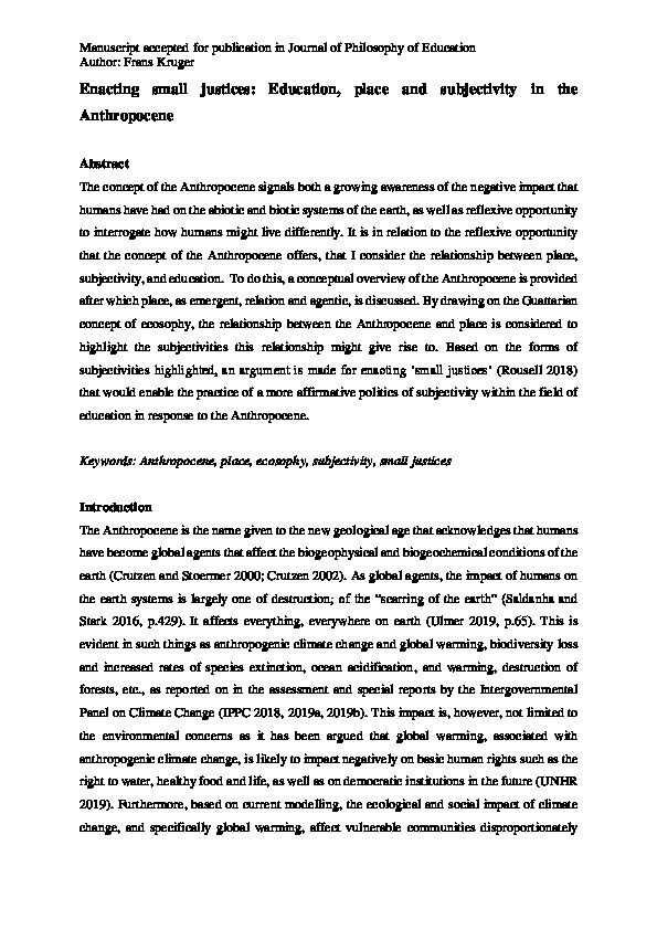 Enacting small justices: Education, place and subjectivity in the Anthropocene Thumbnail