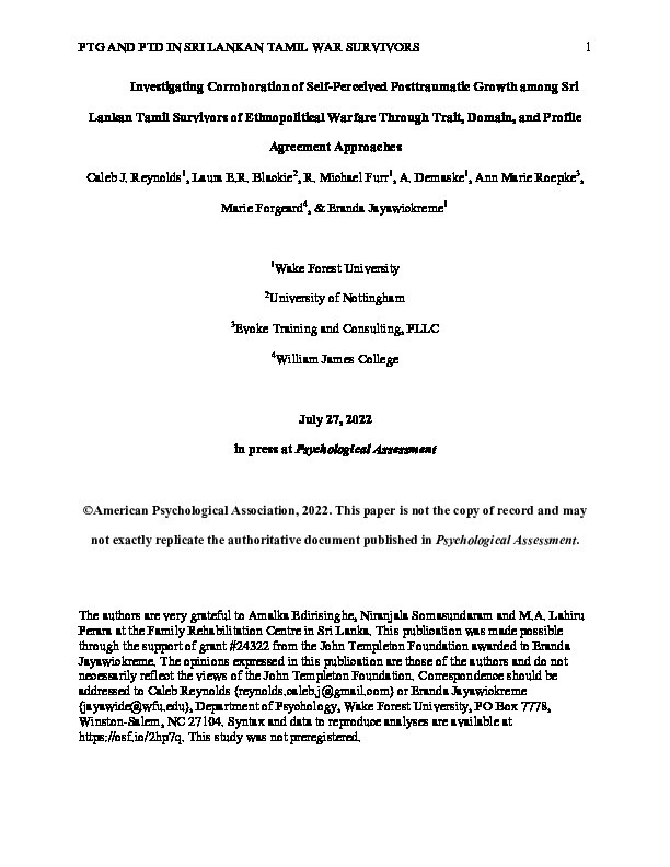 Investigating corroboration of self-perceived posttraumatic growth among Sri Lankan Tamil survivors of ethnopolitical warfare through trait, domain, and profile agreement approaches Thumbnail