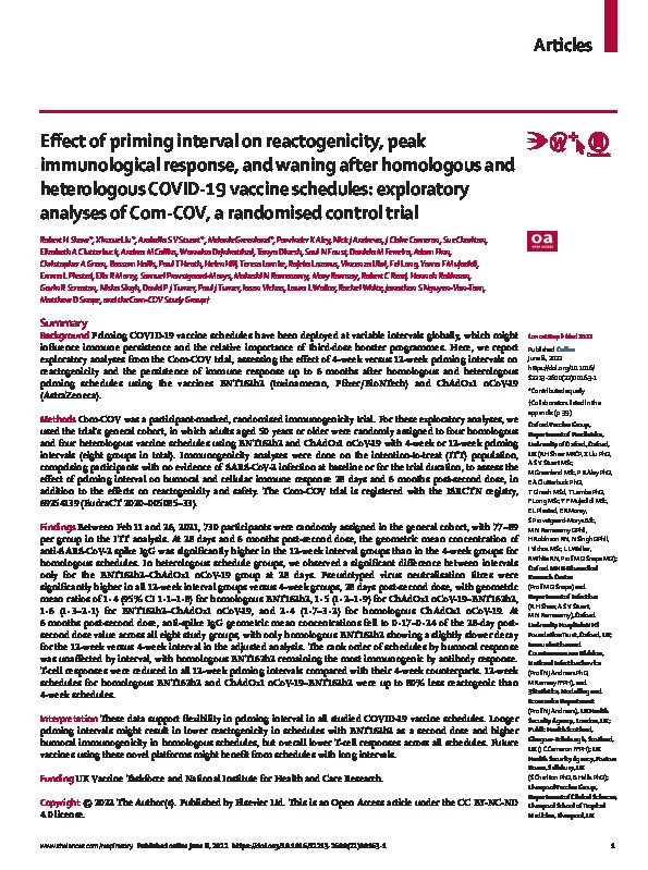 Effect of priming interval on reactogenicity, peak immunological response, and waning after homologous and heterologous COVID-19 vaccine schedules: exploratory analyses of Com-COV, a randomised control trial Thumbnail