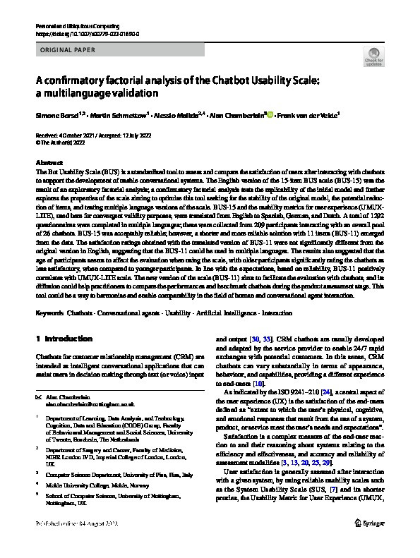 A confirmatory factorial analysis of the Chatbot Usability Scale: a multilanguage validation Thumbnail