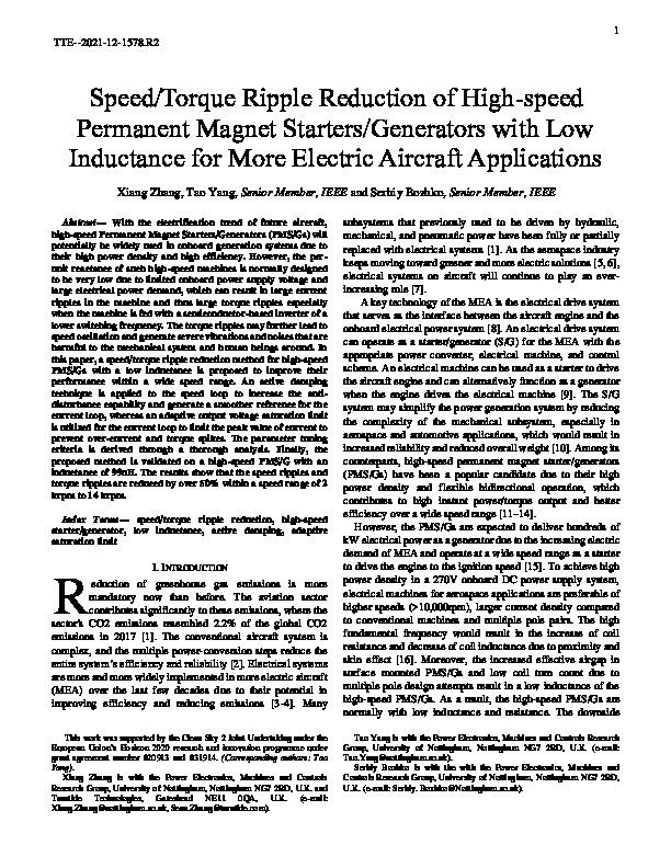 Speed/Torque Ripple Reduction of High-speed Permanent Magnet Starters/Generators with Low Inductance for More Electric Aircraft Applications Thumbnail