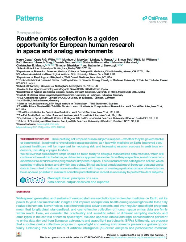 Routine omics collection is a golden opportunity for European human research in space and analog environments Thumbnail