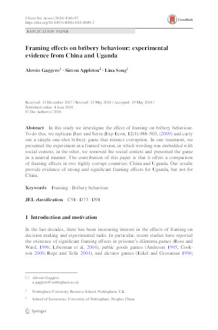 Framing effects on bribery behaviour: experimental evidence from China and Uganda Thumbnail