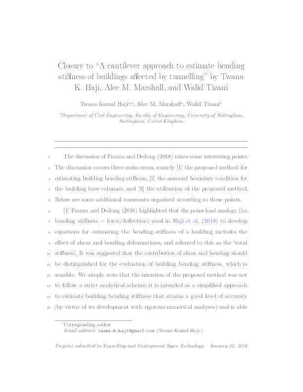 Closure to “A cantilever approach to estimate bending stiffness of buildings affected by tunnelling" by Twana K. Haji, Alec M. Marshall, and Walid Tizani Thumbnail