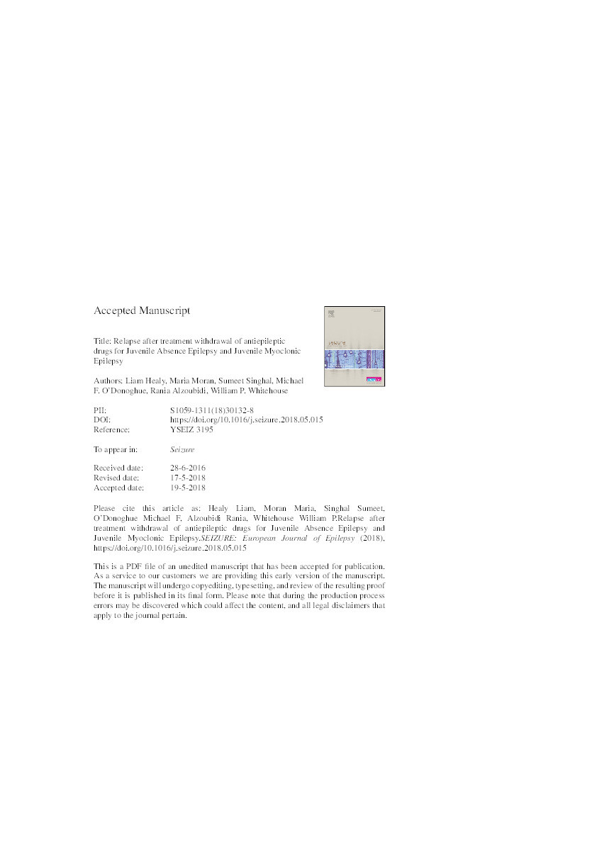 Relapse after treatment withdrawal of antiepileptic drugs for juvenile absence epilepsy and juvenile myoclonic epilepsy Thumbnail