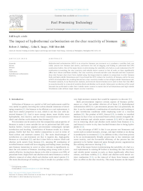 The impact of hydrothermal carbonisation on the char reactivity of biomass Thumbnail