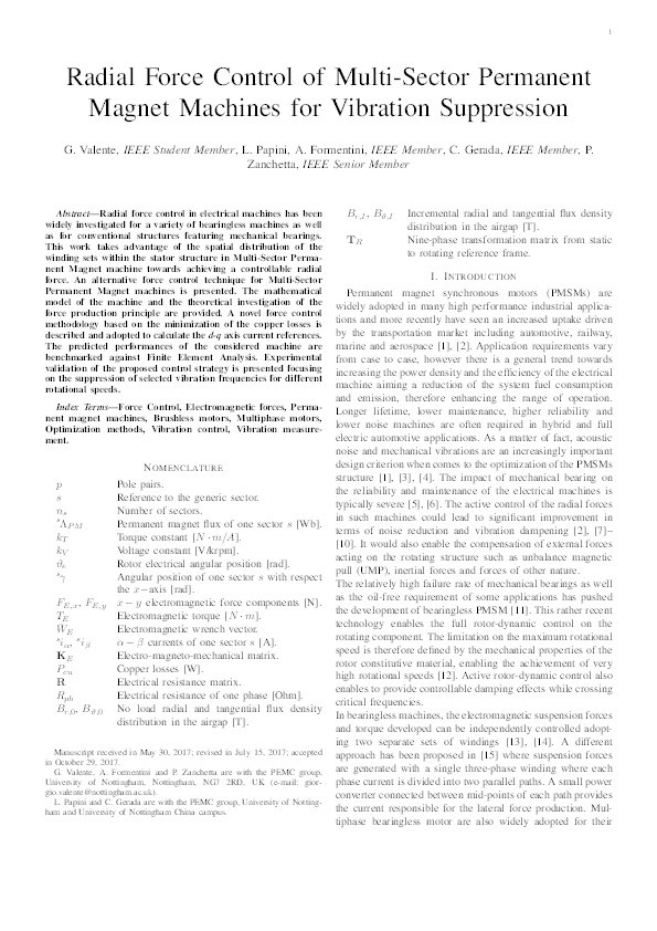 Radial force control of multi-sector permanent magnet machines for vibration suppression Thumbnail