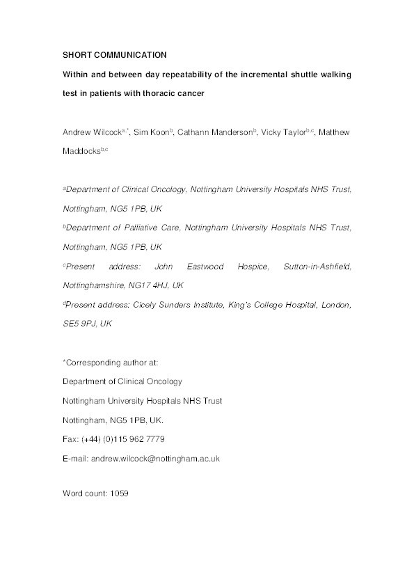 Within and between day repeatability of the incremental shuttle walking test in patients with thoracic cancer Thumbnail