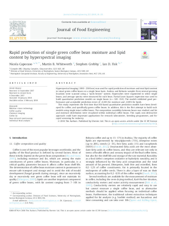 Rapid prediction of single green coffee bean moisture and lipid content by hyperspectral imaging Thumbnail