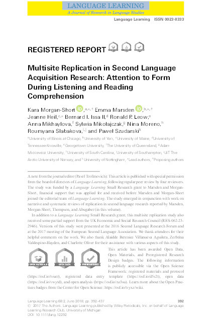 Multisite replication in SLA research: attention to form during listening and reading comprehension Thumbnail