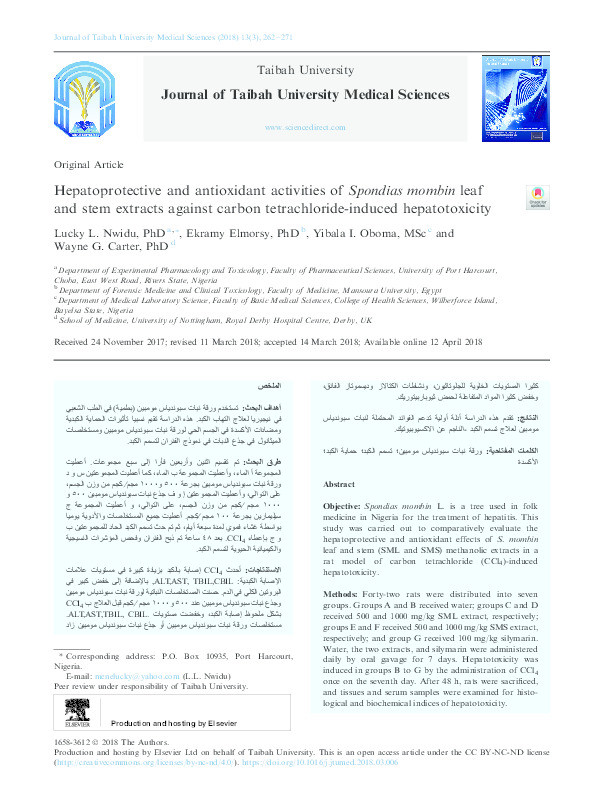 Hepatoprotective and antioxidant activities of Spondias mombin leaf and stem extracts against carbon tetrachloride-induced hepatotoxicity Thumbnail